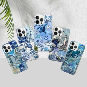 May include: Five different phone cases with a blue and white nautical theme. The cases feature sea creatures, seashells, and waves. The text "Sea" and "Blue" are visible on the cases.
