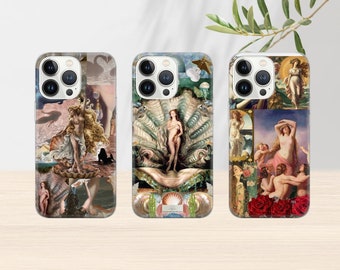 May include: Three iPhone cases with different artistic designs. The first case features a woman in a seashell with a blue and green background. The second case features a woman in a seashell with a pink and green background. The third case features a woman in a red dress with a red and green background.