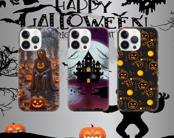May include: Three Halloween-themed phone cases. One case features a figure with a jack-o'-lantern face in a forest setting. Another shows a haunted house with a full moon. The third case has a black background with jack-o'-lanterns and the text "Happy Halloween".