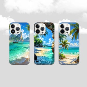 May include: Three iPhone cases featuring different tropical beach scenes. Each case depicts a blue ocean, white sand, palm trees, and a bright blue sky.
