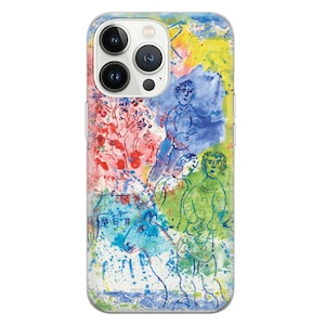 May include: A clear phone case with a colorful abstract painting of people and a tree. The painting is in shades of blue, green, yellow, pink, and red.