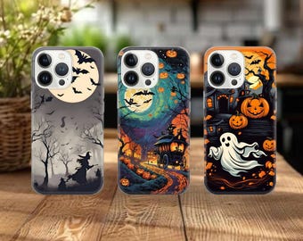 May include: Three Halloween-themed phone cases with spooky illustrations. One features a witch silhouette, another a haunted carriage, and the third a ghost with jack-o'-lanterns. Each case has a black camera module.