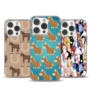 May include: Three phone cases with horse designs. One case shows brown horses and horseshoes on a beige background. Another has cartoon horses on a blue background. The third case displays a collage of horse faces.