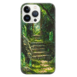 May include: A phone case with a green and brown forest scene. The scene features a stone staircase leading up to a doorway with glowing green crystals on either side.