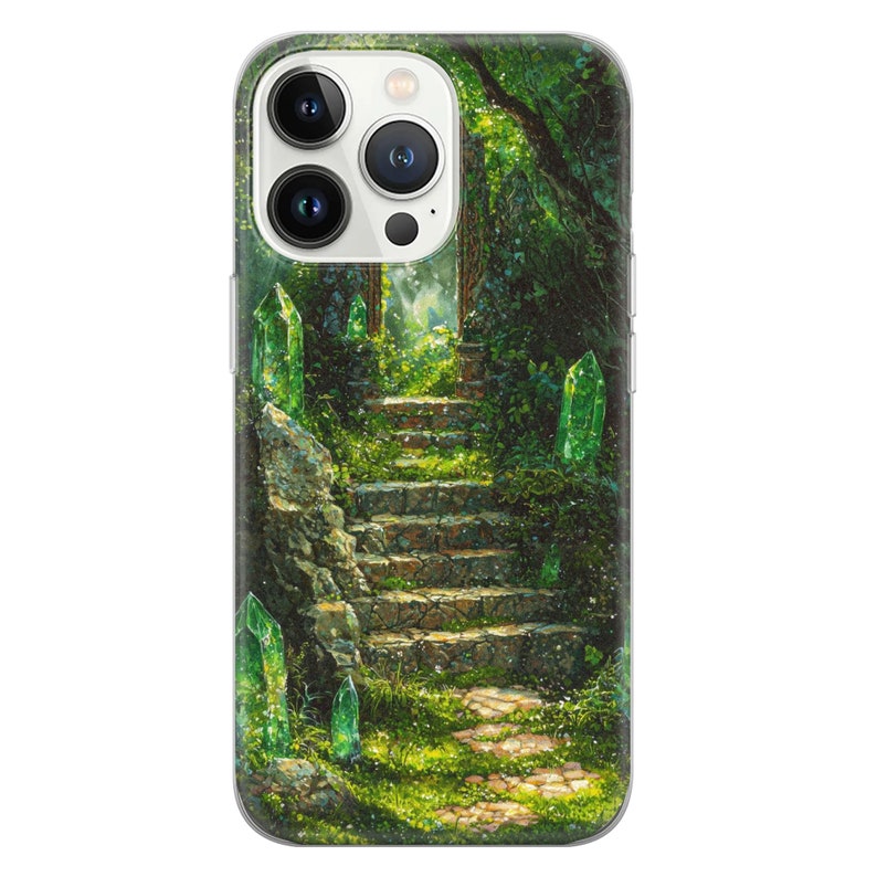 May include: A phone case with a green and brown forest scene. The scene features a stone staircase leading up to a doorway with glowing green crystals on either side.
