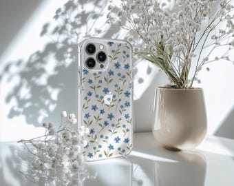 Spring blue  flower Phone Case Transparent  Cover for iPhone 17Pro, 16, 15,14,13,12,Samsung S26,S25,S24,S23,Pixel 10,9