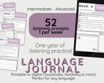 Language Learning Journal: 52 Listening Prompts (Digital and printable). Spanish learning workbook. English learning. Korean, Chinese French