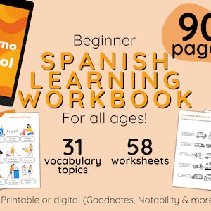 Spanish learning workbook. Language learning notebook. Vocabulary and worksheets to learn Spanish. 90 pages. Digital & printable workbook