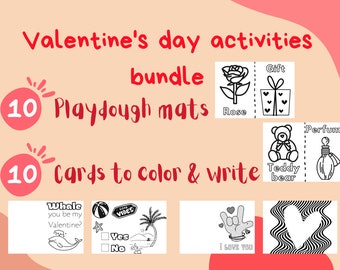 Printable Valentine's Day Activity Bundle: Playdough Mats and Cards to Color Kindergarten Montessori Homeschool Toddler Busy Book