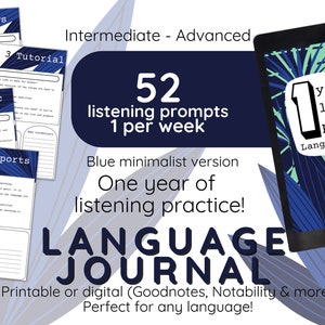 Blue Minimalist Language Journal. 1 Year Listening Challenge. Language Learning Notebook Digital & Printable Korean Chinese French Spanish