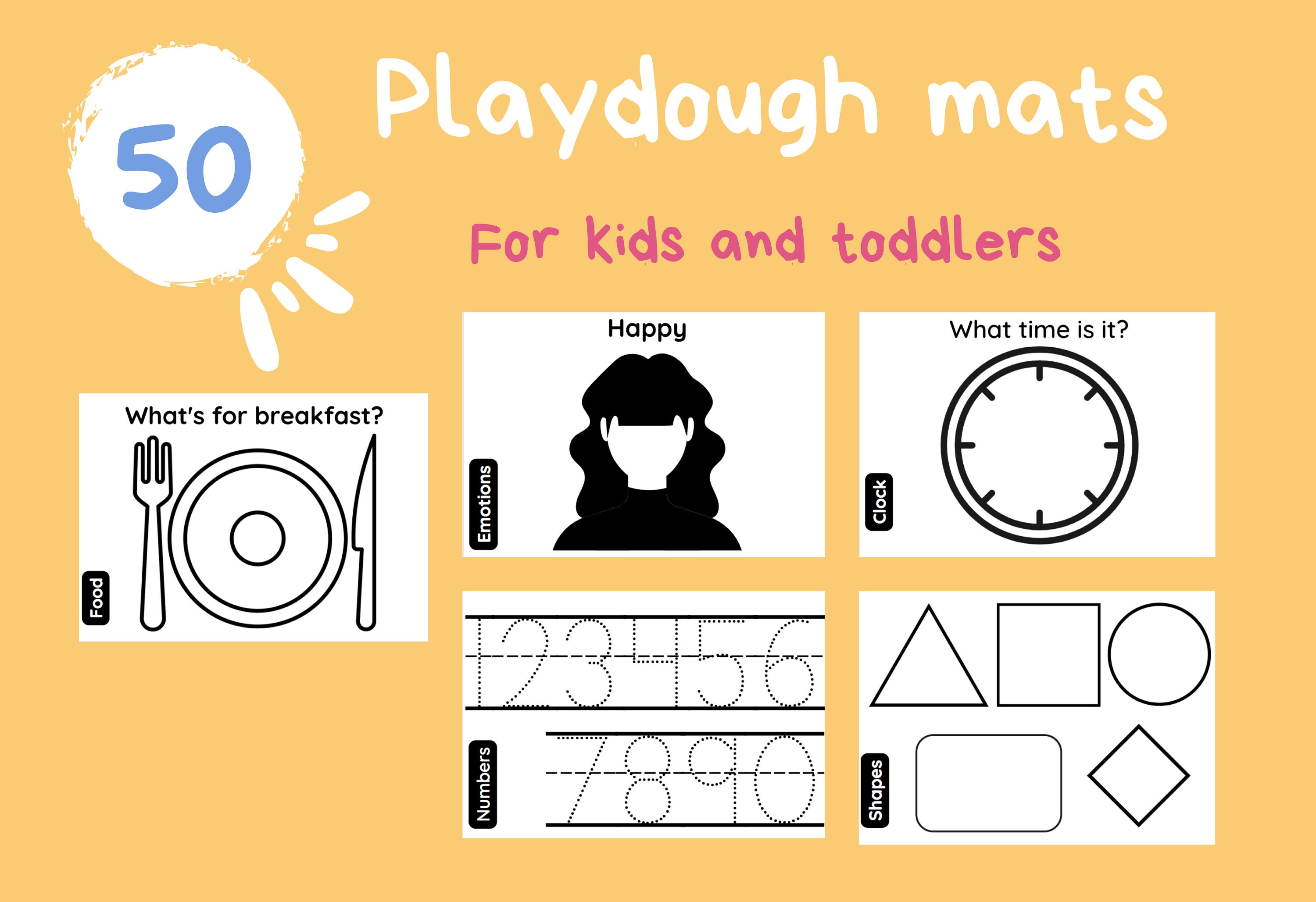 50 Printable Playdough Mats for Kids. Emotions Time Food Shapes