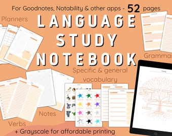 Language learning notebook. Language learning planner. Digital & printable. Korean, Chinese, Japanese, French, Arabic, Spanish, German