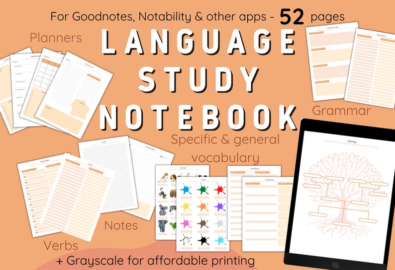 Language study notebook. Language learning notebook. Learn spanish. Learn french. Language learning planner. Language planner. Language notebook.