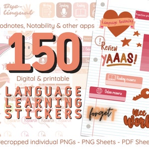 May include: A digital illustration of 150 language learning stickers. The stickers are in various colors and feature a variety of designs, including stars, hearts, suns, and check marks. The text "Language Learning Stickers" is written in large, bold letters.