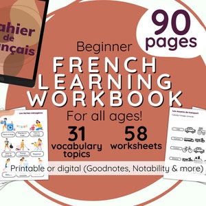 French learning workbook. Language learning notebook. Vocabulary and worksheets to learn French. 90 pages. Digital & printable workbook