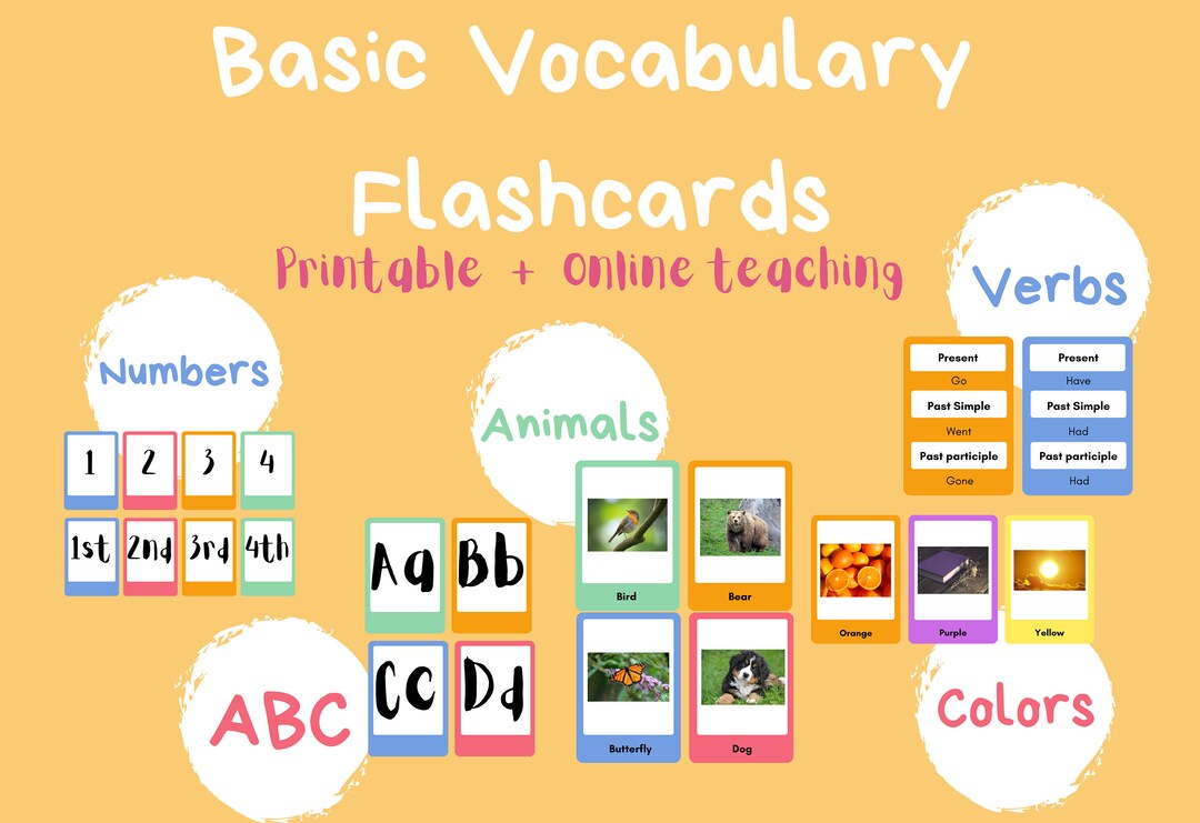 English Vocabulary Flashcards Colors Numbers Verbs Animals ESL Printable Montessori Digital