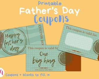 Printable Father's Day Coupons. Father's day Gift. Digital Download. Coupons to fill in. Printable gift for dad. Gift for grandfathers.