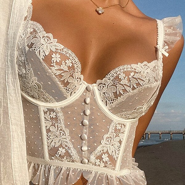 White Corset Bra and Panty Lacey Mesh Lingerie Set
