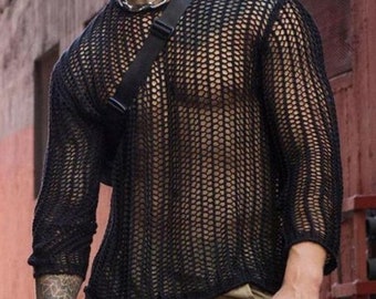 Festival Outfit for Men Mesh Black Long Sleeves See Through Top Crochet Party Beachwear Night Club Burning Man Men's Mesh Clothing