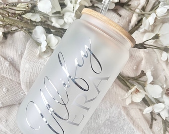 Frosted Glass, Glass Cup with Straw, Gift for Bride, Wifey Era, Fiancée Era, Personalised Glass Tumbler, Iced Coffee Cup, Engagement Gift