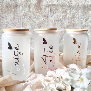 Frosted Cup, Glass Cup with Straw, Gift for Bride, Bridesmaid Cup with Name, Personalised Glass Tumbler, Iced Coffee Cup,
