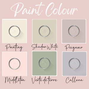 Puede incluir: Imagen que muestra seis opciones de color de pintura en botes de metal abiertos. Los colores incluyen Pointing, Shadow White, Peignoir, Middleton, Verte de terre y Calluna. El texto "Paint Colour" est&aacute; en la parte superior de la imagen.