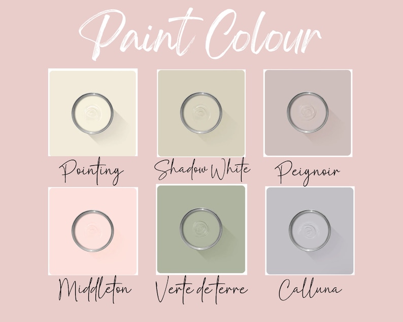 Puede incluir: Imagen que muestra seis opciones de color de pintura en botes de metal abiertos. Los colores incluyen Pointing, Shadow White, Peignoir, Middleton, Verte de terre y Calluna. El texto "Paint Colour" est&aacute; en la parte superior de la imagen.