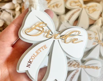 Personalised Acrylic Bow Hanger Tag: Wedding Dress Gift
