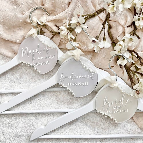 Personalised Pearl Acrylic Wedding Hanger Tag, Bridal Party Gift