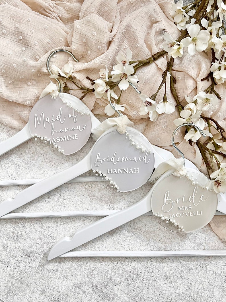 Personalised Wedding Hanger, Hanger Tag, Pearl Wedding Accessories, Acrylic Hanger Tag, Bridesmaid, Maid of Honour, Gift for Bride image 1