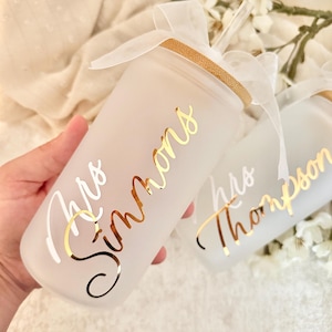 Personalised Iced Coffee Cup, Glass Cup with Straw, Gift for Bride, Personalised Glass Tumbler, Personalised Cup for bride, Engagement Gift