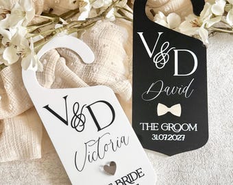 Personalised Bride and Groom Door Hangers, Bridal Suite Deocr, Monogram Acrylic Wedding Signs, Black and White