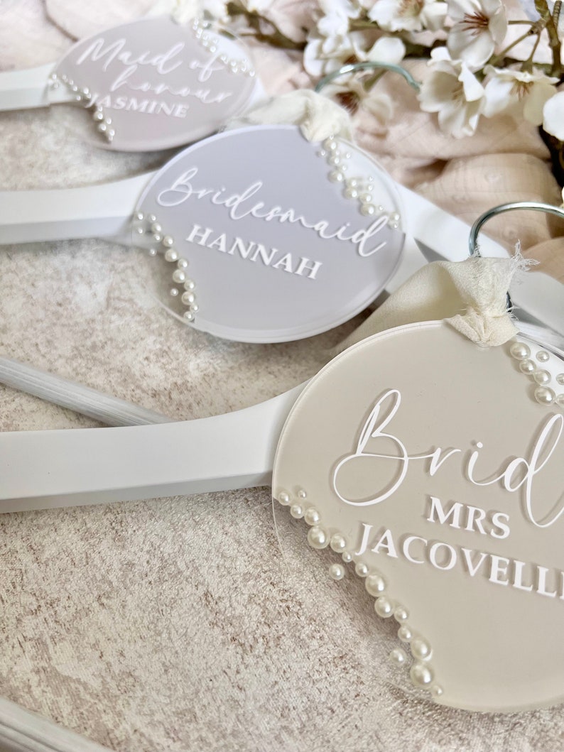 Personalised Wedding Hanger, Hanger Tag, Pearl Wedding Accessories, Acrylic Hanger Tag, Bridesmaid, Maid of Honour, Gift for Bride image 8