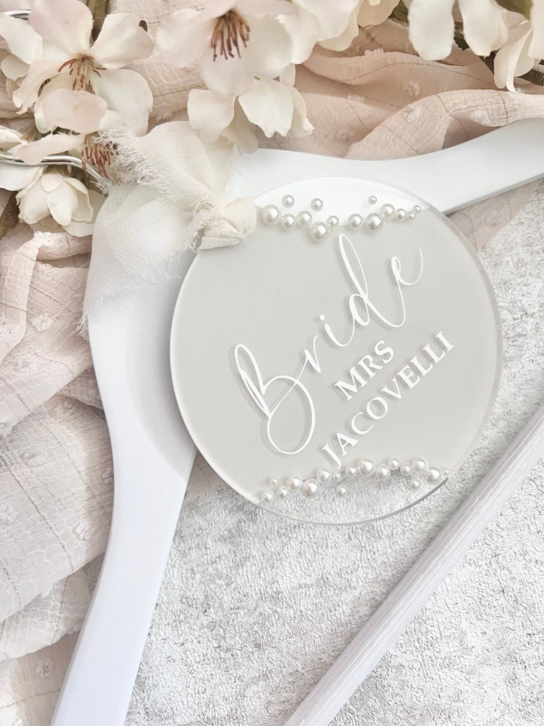 Personalised Wedding Hanger, Hanger Tag, Pearl Wedding Accessories, Acrylic Hanger Tag, Bridesmaid, Maid of Honour, Gift for Bride image 7