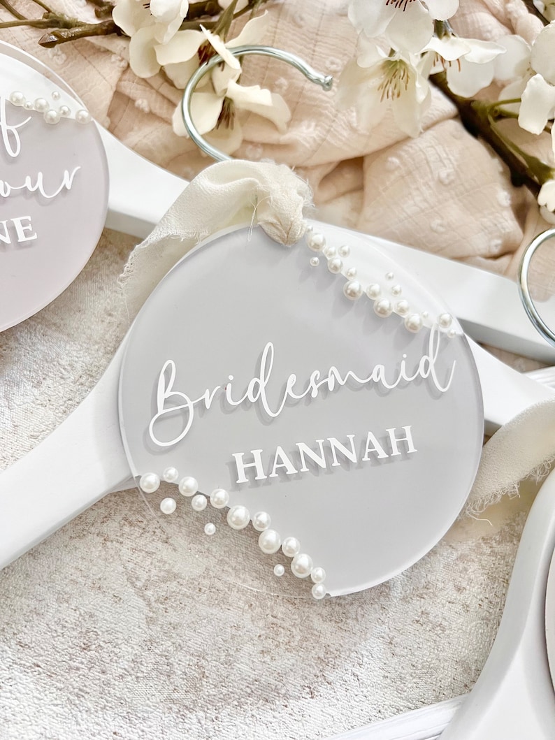 Personalised Wedding Hanger, Hanger Tag, Pearl Wedding Accessories, Acrylic Hanger Tag, Bridesmaid, Maid of Honour, Gift for Bride image 5