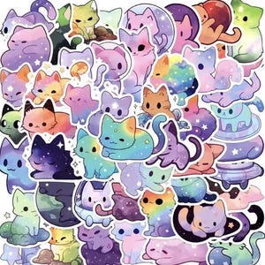 50pcs Kawaii Galaxy/Space Cat Aesthetic Stickers | Cute Cartoon Decals for Laptop, Skateboard, Phone, Scrapbook | Funny Decoration | Kid Toy