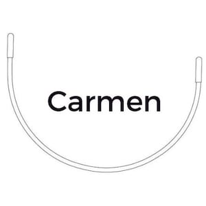 May include: A black and white line drawing of a curved wire with two small round ends. The word "Carmen" is written in black text below the wire.