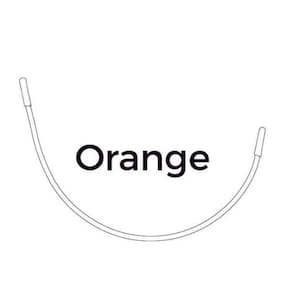 May include: A white metal bra strap with a curved shape and two ends. The word "Orange" is written in black text below the strap.