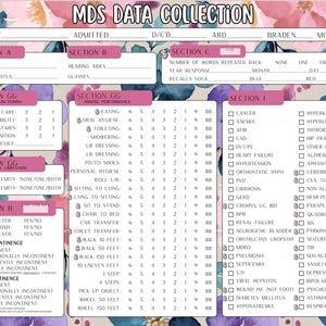 Könnte beinhalten: Ein detailliertes medizinisches Formular mit dem Titel "MDS Data Collection" mit Abschnitten für Patienteninformationen, Bewertungen und Gesundheitszustände. Das Formular enthält Kontrollkästchen und Bewertungsskalen.