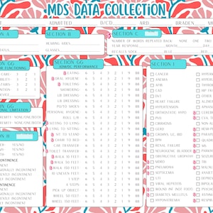 Puede incluir: Un formulario detallado de recopilación de datos MDS con secciones para información del residente, evaluaciones y condiciones de salud. El formulario incluye casillas de verificación y escalas de calificación.
