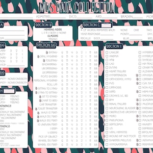 May include: A medical form with sections for patient details, assessments, and health conditions. The form includes checkboxes and fields for recording data, with a colourful pink and teal background.