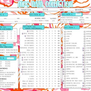 May include: A pink and white MDS Data Collection form with sections for resident details, assessments, and medical conditions. Includes checkboxes and fill-in areas for data entry. The form is designed for healthcare use.