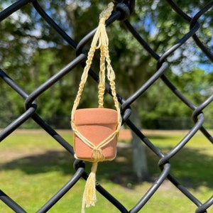 Puede incluir: Una peque&ntilde;a maceta de terracota con un colgador de macram&eacute;, colgando de una valla de cadena de eslabones negra. El macram&eacute; es de color amarillo claro y tiene un borla en la parte inferior.