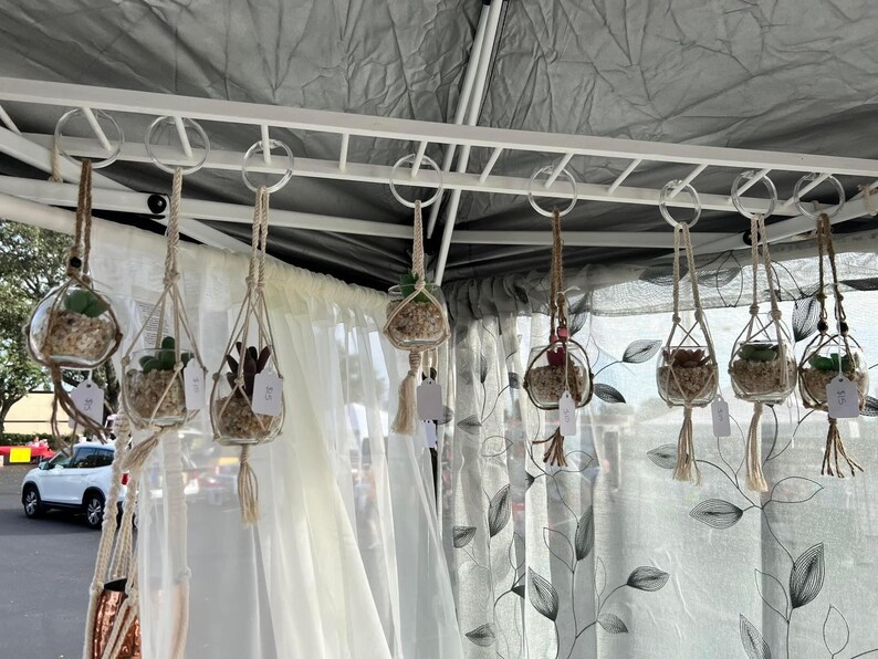 Puede incluir: Un conjunto de ocho terrarios de vidrio colgantes con macram&eacute; para colgar plantas. Cada terrario contiene una peque&ntilde;a planta suculenta y piedras blancas. Los terrarios est&aacute;n colgados de una rejilla de metal blanco.