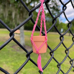 Puede incluir: Un macetero de macram&eacute; rosa con una maceta de terracota colgando de una valla de cadena de eslabones negra.