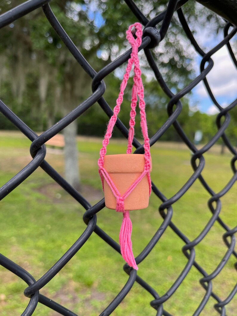 Puede incluir: Un macetero de macram&eacute; rosa con una maceta de terracota colgando de una valla de cadena de eslabones negra.