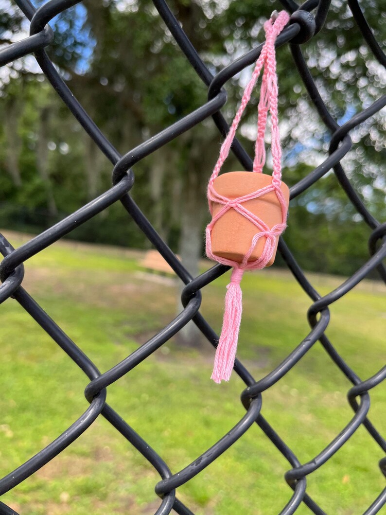 Puede incluir: Una peque&ntilde;a maceta de terracota con un colgador de macram&eacute; rosa colgando de una valla de cadena de eslabones negra.