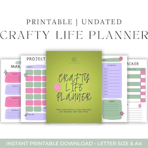 May include: Printable undated planner with a green cover and the text "Crafty Life Planner". The planner includes pages for tracking projects, scheduling, and making notes. The pages are decorated with pink and green illustrations.