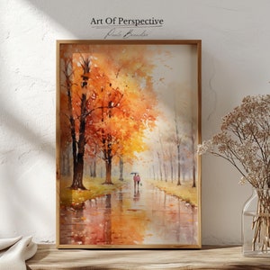 Autumn Love Wall Art | Moody Fall Printable Wall Art Antique Fall Town Painting | Printable Download