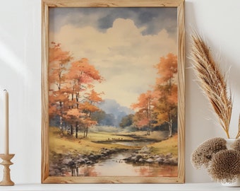 Pintura al óleo de paisaje otoñal vintage imprimible (descarga digital)